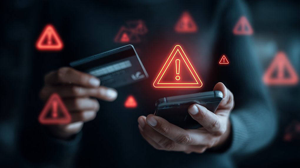 Eine Nahaufnahme einer Person, die in der einen Hand ein Smartphone und in der anderen eine Kreditkarte hält, umgeben von leuchtend roten Warnsymbolen. Das Bild steht für Online-Betrug, Phishing, Betrugsversuche bei digitalen Zahlungen oder Cybersicherheitsbedrohungen im Zusammenhang mit Mobile Banking und E-Commerce.