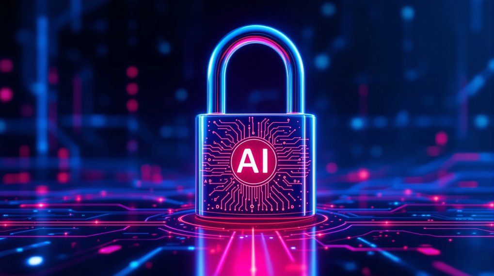 Digitaler Vorhängeschloss mit der Aufschrift „AI“ auf einem leuchtenden, technologischen Hintergrund.
