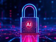 Digitaler Vorhängeschloss mit der Aufschrift „AI“ auf einem leuchtenden, technologischen Hintergrund.