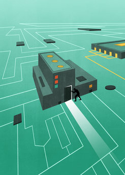 Zeichnung einer Platine (grün), über die Leiterbahnen als verzweigte weiße Linien laufen. Die weißen Linien verbinden stilisierte elektronische Bauteile, die in Form schwarzer Gebäude dargestellt sind. In ein Bauteil führt eine Tür, die schwarz dargestellte Figur öffnet.