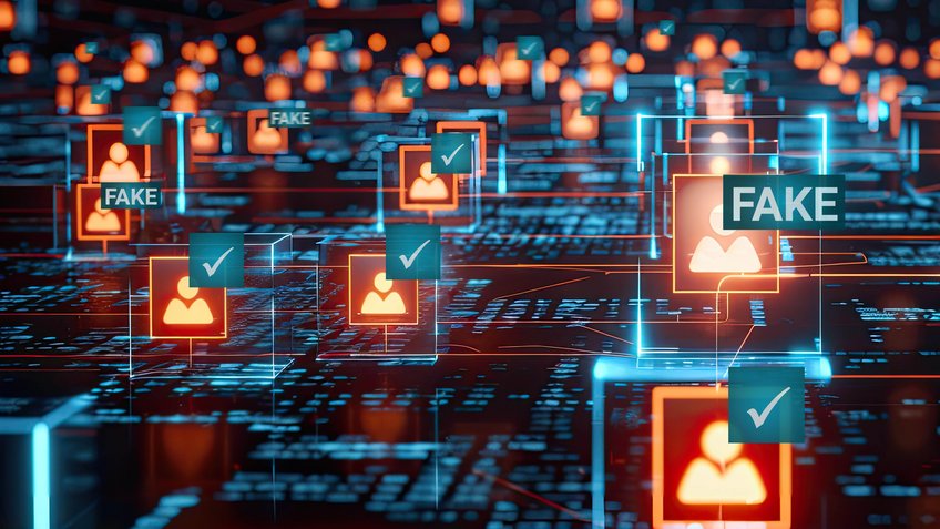 Ein Soziales Netzwerk lebt von Userinnen und Usern und Informationen. Auch Falschinformationen und Hass verbreiten sich schnell, lassen sich aber von geeigneten Algorithmen detektieren und womöglich sogar regulieren. Blaue futuristische Bedienoberfläche mit angezeigten vernetzten Daten von der Seite mit roten User-Icons