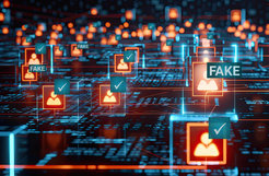 Blaue futuristische Bedienoberfläche mit angezeigten vernetzten Daten von der Seite mit roten User-Icons