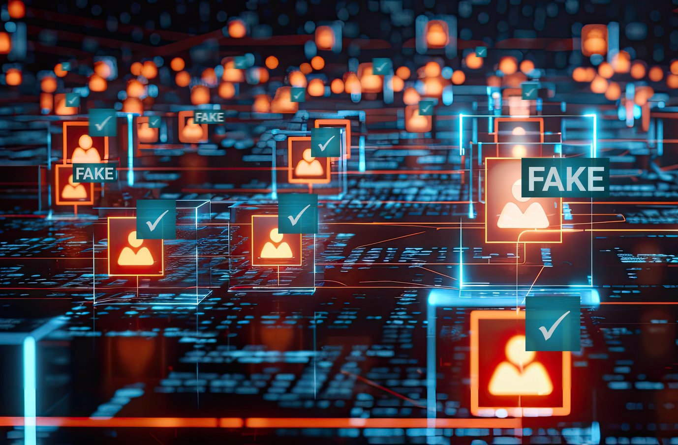 Blue futuristic user interface with networked data displayed from the side with red user icons