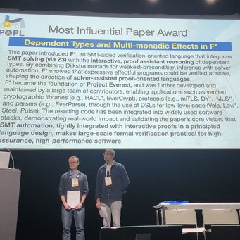 Cătălin Hrițcu (left) and Nikhil Swamy (right) at the award ceremony for the 2026 Most Influential POPL Paper Award Cătălin Hrițcu (left) and Nikhil Swamy (right) at the award ceremony for the 2026 Most Influential POPL Paper Award